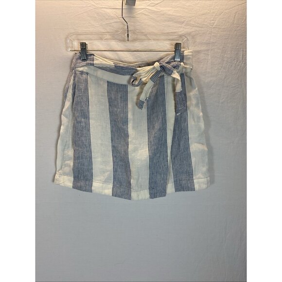 Free People 100% Linen Uptown Days Wrap Mini Skirt size 6‎ Blue White Stripes - Picture 3 of 11